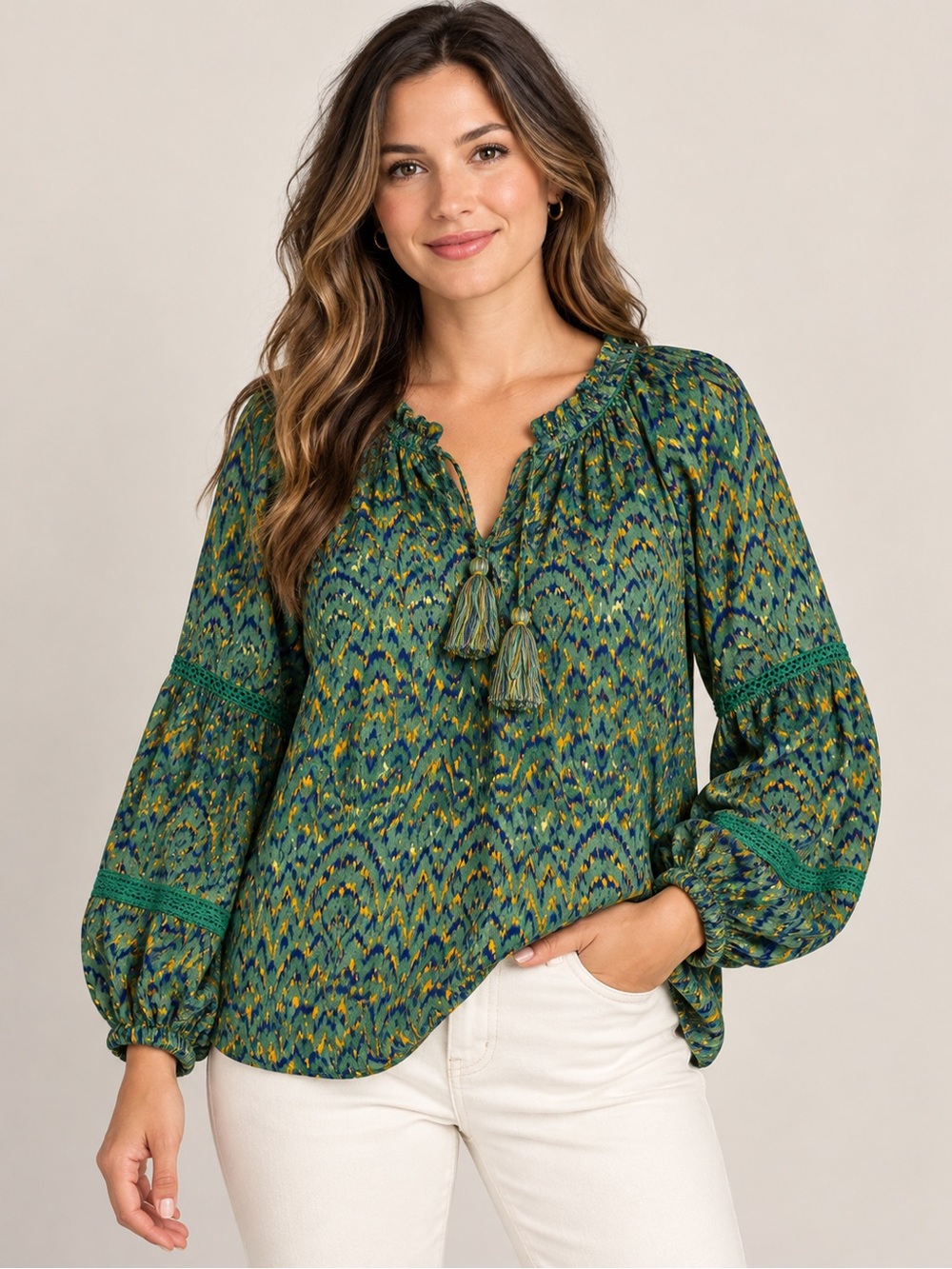 Liverpool Los Angeles Medium Emerald Ikat Print Boho Tassel Tie Blouse Hippie